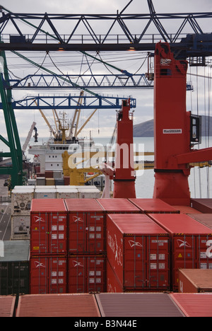 Shippng in corrispondenza di un terminale per container, contenitori sistemati sul ponte e contenitore bracci della gru, Lyttelton, New Zaeland Foto Stock