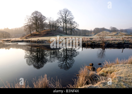 Le riflessioni del mattino sul fiume brathay cumbria con sun la brina e il blu del cielo Foto Stock