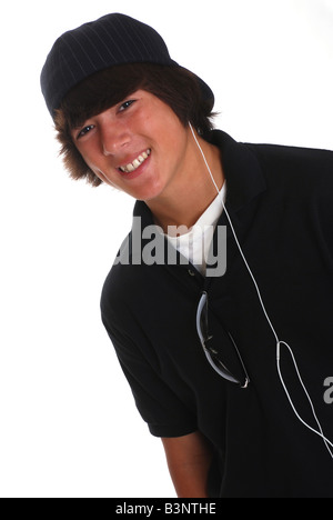 Tredici anni di Asian Caucasian boy isolato su bianco Foto Stock