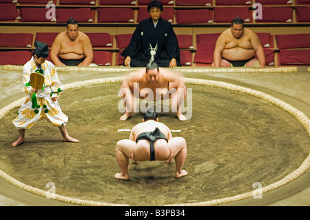 Giappone, quartiere Ryogoku, Sala Kokugikan Stadium. Grand Taikai sumo wrestling Tournament lottatori di sumo in concorrenza Foto Stock