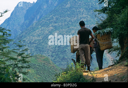 Cina, Shitoucheng. Arroccato sopra la parte superiore raggiunge la Yangtse, questo villaggio Naxi vanta una superba impostazione sulle pendici di una valle profonda. La minoranza Naxi nazionalità sono concentrati nelle colline tra qui e Lijiang. Foto Stock