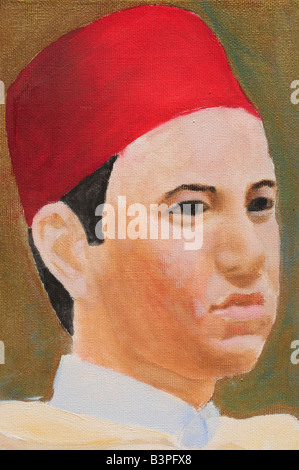 Pittura Di Olio del Re del Marocco Mohammed VI in un cafe, Marrekesh, Marocco, Africa Foto Stock