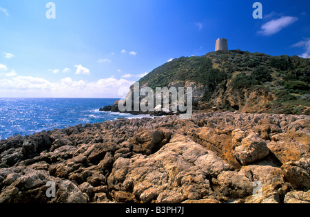 Torre di Chia torre costiera, Domus de Maria, Sardegna, Italia Foto Stock