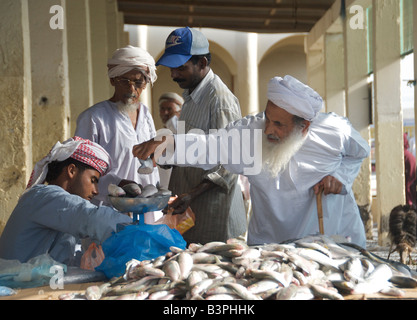 Il vecchio uomo l'acquisto di pesce nel souq Sinaw Regione Sharqiya Sultanato di Oman Foto Stock