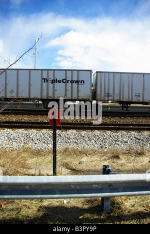 I container per il trasporto merci fermo in un cantiere di commutazione sui binari della ferrovia. Foto Stock