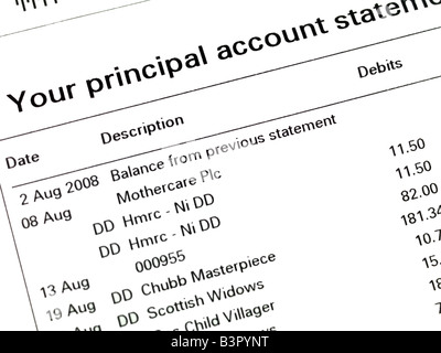Addebito diretto sulla voce di un estratto conto bancario Foto Stock