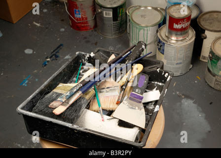 Selezione di un artista pennelli per dipingere nel vassoio Foto Stock