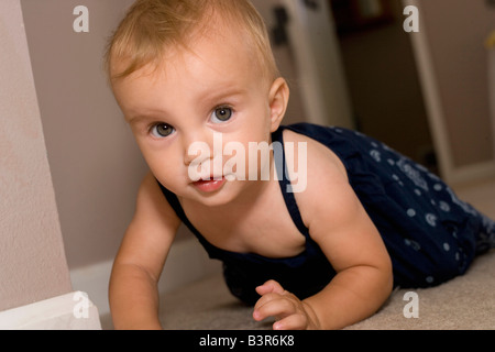 Per sette mesi la ragazza bambino gattona verso il genitore a casa sul pavimento moquette Foto Stock