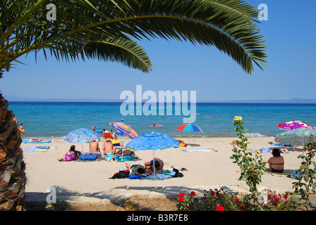 Vista della spiaggia, Polychrono, penisola Kassandra, Calcidica, Macedonia centrale, Grecia Foto Stock