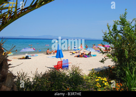Vista della spiaggia, Polychrono, penisola Kassandra, Calcidica, Macedonia centrale, Grecia Foto Stock