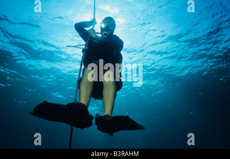 Guida Subacquea, effettuando il fermo di sicurezza sotto il suo marcatore di superficie di boa. Isole Surin. Thailandia. Foto Stock