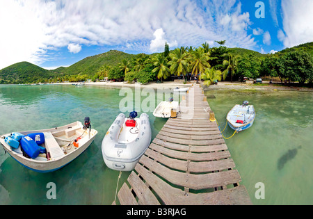 Barche su un molo vicino Foxys Bar su Jost Van Dyke nelle Isole Vergini Britanniche nei Caraibi Regno Unito Foto Stock