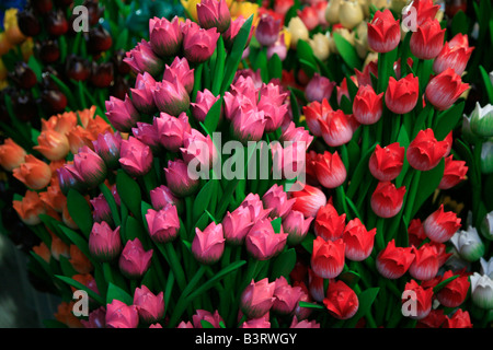 Scolpito in legno multicolore di tulipani al mercato dei fiori di Amsterdam, in Olanda. Perfetto souvenir olandesi. Foto Stock