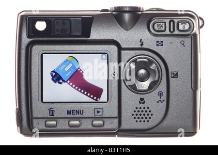 35mm rotolo pellicola sulla fotocamera digitale sullo schermo. Foto Stock