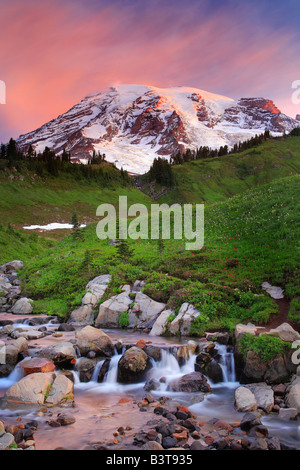 Mount Rainier e Edith Creek, Washington, Stati Uniti d'America Foto Stock