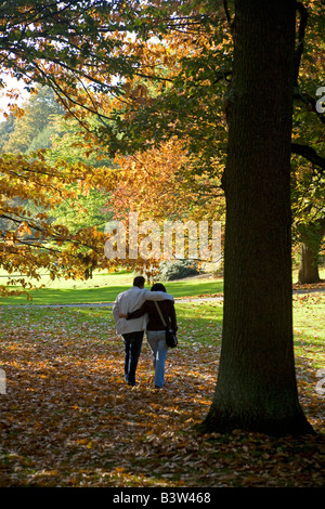 Promenader in amore in una passeggiata attraverso la foresta autunnale in un tedesco parc verliebte Spaziergänger herbstlichen im Wald Foto Stock
