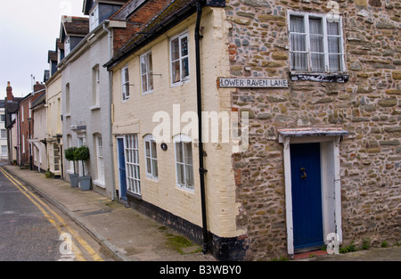 Blu porta laterale di bungalow a schiera a Ludlow Shropshire England Regno Unito Foto Stock