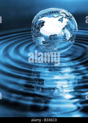 Globo wireframe su acque torbide con la riflessione Foto Stock