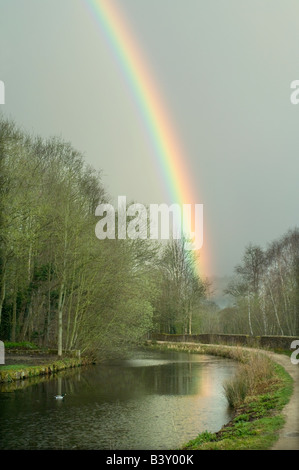 Rainbow su Cromford Canal a picco elevato incrocio vicino a Matlock Foto Stock