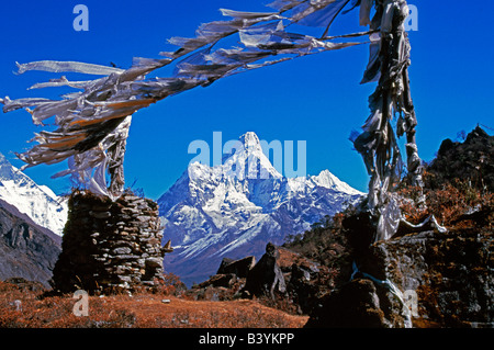 Il Nepal, Solo-Khumbu, Syangboche. Amma Dablam (faccia Ovest) incorniciata da bandiere di preghiera. Ama Dablam è su del più caratteristico rivestimento montagne valle del Khumbu. A 6856m o 22,494ft, essa non è la montagna più alta della zona, ma è uno dei più suggestivi in apparenza. Salito per la prima volta nel 1961 da Gill, Vescovo, Ward e romanes. Foto Stock