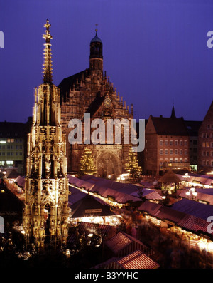 Geografia / viaggi, in Germania, in Baviera, Norimberga, mercato di natale, illuminate, Foto Stock