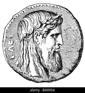 Zeus (Giove latino), re greco della vite, capo degli dei, dio del cielo e tuono, ritratto, moneta, Elis, , Foto Stock