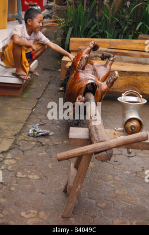Preparare il barbecue maialino da latte durante galungan festival , arrosto allo spiedo stile balinese ,ubud , isola di Bali , Indonesia Foto Stock