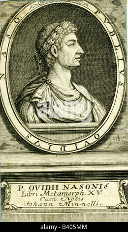 Ovidio (Publio Ovidius naso), 43 BC - 17 AD, autore romano/wtiter, ritratto, vista laterale, incisione da Mentzel, Lipsia, tardo XVII secolo, anciient mondo, letteratura, Germania, , artista del diritto d'autore non deve essere cancellata Foto Stock