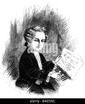 Mozart, Wolfgang Amadeus, 27.1.1756 - 5.12.1791, compositore austriaco, a mezza lunghezza, come bambino, incisione in legno, 19th secolo, dopo pastello, Foto Stock
