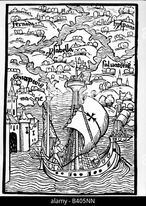 Columbus, Christopher, 1451 - 20.5.1506, esploratore italiano, in arrivo a Hispaniola, 1492, legno contemporaneo, Basilea, 1492, Foto Stock