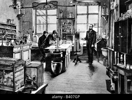 Koch, Robert, 11.12.1843 - 27.5.1910, scienziato tedesco (medico), nel suo laboratorio, incisione, circa 1900, Foto Stock