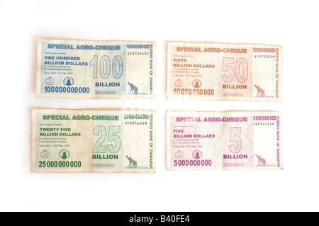 Dello Zimbabwe di miliardi di dollari di note isolate su un bianco di sfondo per studio. Foto Stock