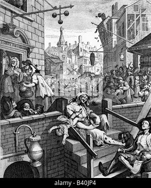 Alcool, alcolismo, 'Gin Lane', caricatura di William , Foto Stock