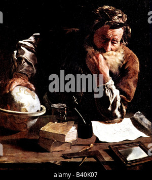 Archimede, circa 285 - 212 a.C., scienziato greco (matematico e fisico), a mezza lunghezza, dipinto di Domenico Fetti (1589 - 1624), seduto al tavolo, Foto Stock