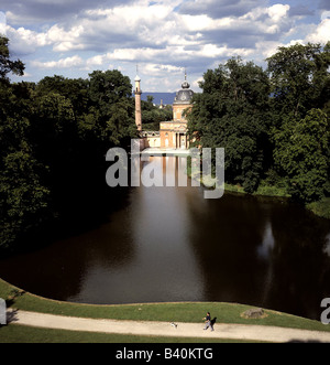 Geografia / viaggio, Germania, Baden Wuerttemberg, Schwetzingen, moschea nei terreni del castello Schwetzingen, stagno di serratura, stagno, minareto, Wurtemberg, Foto Stock