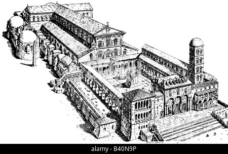 Geografia / viaggio, Italia, Roma, chiese, Basilica di San Pietro a metà del secolo, ricostruzione tardiva, incisione del 19th secolo circa, Europa, religione, cristianesimo, cristianità, cattolica, papato, Vaticano, architettura, storica, cattedrale di San Pietro, Pietro, San Pietro in Vaticano, chiesa del santo sepolcro, patrimonio mondiale dell'UNESCO, persone, mondo antico, medioevo, Foto Stock