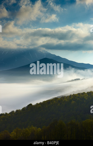 La nebbia giacente sul piano Grande all'alba, Parco Nazionale dei Monti Sibillini, Umbria, Italia Foto Stock