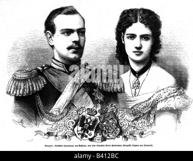 Alexander III Alexandrovich, 10.3.1845 - 1.11.1894, Imperatore di Russia 1.3.1881 - 1.11.1894, ritratto, con sua moglie Maria Feoforovna, incisione in legno di Adolf Neumann, pubblicato il giorno del matrimonio, 9.11.1866, Foto Stock