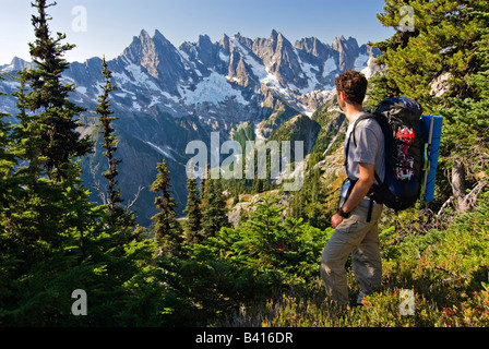 Stati Uniti d'America, Washington, North Cascades Nat'l parco. Un escursionista si affaccia a sud Picket gamma. (MR) Foto Stock