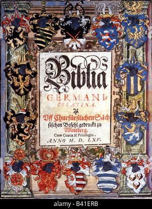 Letteratura, bibbia, 'Biblia Germania collatina', pomp bibbia del Principe Elettore Agosto della Sassonia, stampato a Wittenberg, 1565, titolo pagina, Biblioteca reale Copenhagen, Foto Stock