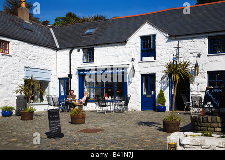 Udienza al di fuori di un negozio di tè in Harlech Snowdonia nel Galles Foto Stock