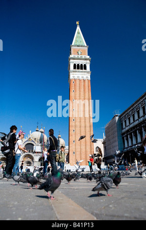 Feed turistica Piccioni in Piazza San Marco sotto il Campanile Venezia Italia Foto Stock