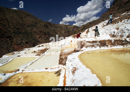 Le donne lavorano estraendo il sale nel sale di pool di Salineras de Mara vicino a Cuzco, Perù Foto Stock