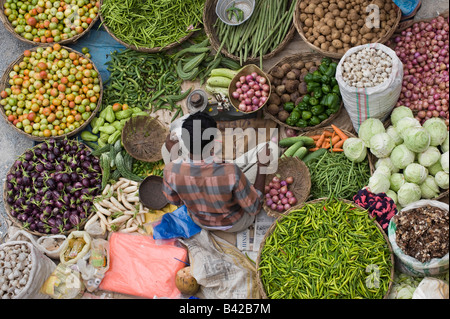 Indian uomo vendere verdure presso il locale mercato india nella città di Puttaparthi, dall'alto. Puttaparthi, Andhra Pradesh, India Foto Stock