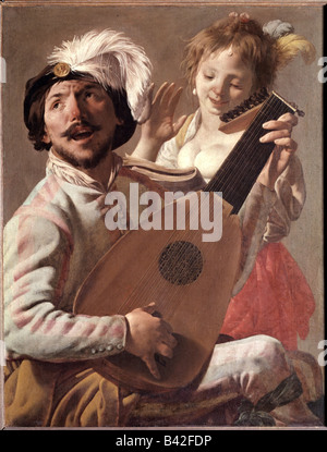 Belle arti, Terbrugghen, Hendrick, (1588 - 1629), pittura, 'Il Duetto", 1628, olio su tela, Louvre, Parigi, musica, musicista, m Foto Stock