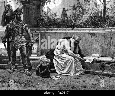 Archimede, circa 285 - 212 a.C., scienziato greco (matematico e fisico), a tutta lunghezza, la sua ultima ora, pittura storica ('non disturbare i miei circoli'), Foto Stock