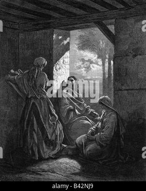 La religione, scene bibliche, "Gesù con Marta e Maria, incisione su legno, da Gustave Dore (1832 - 1883), Francia, circa 1865, artista del diritto d'autore non deve essere cancellata Foto Stock