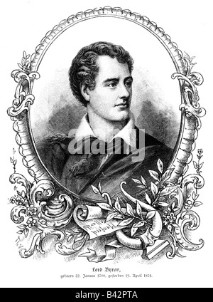 Byron, George Gordon Noel 22.1.1788 - 19.4.1824, poeta britannico, ritratto, in cornice allegorica, incisione in legno, 19th secolo, Foto Stock