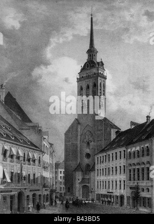 Geografia / viaggio, Germania, Monaco di Baviera, chiese, San Peterskirche a Rindermarkt, litografia, inizio 19th secolo, Baviera, Europa, secolo XIX, Foto Stock