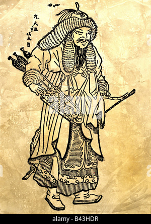 Genghis Khan, 1155 - 18.8.1227, sovrano mongolo dal 1206, fondatore dell'impero mongolo, disegnando dopo una miniatura di Chinise, Museo storico di Stato, Mosca, a tutta lunghezza, Foto Stock